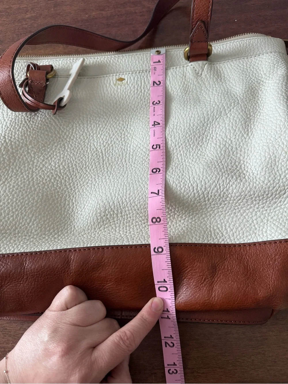 Fossil Two-Tone Cream and Brown Pebbled Leather Tote